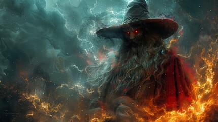 Wizard Confronts Fire Sky - obrazy, fototapety, plakaty
