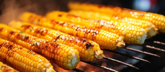 Sweet corn on the cob is being grilled, turning into a delicious dish. The corn kernels are cooked to perfection, creating a mouthwatering cuisine