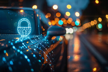 Digital padlock hologram over car dashboard on a wet urban night, symbolizing modern cybersecurity.