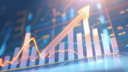 Animation of a business infographics with rising arrow and bar stats appearing, symbolizing growth and success