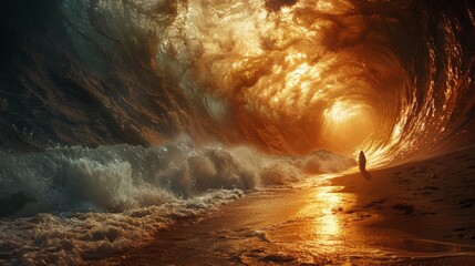 Person Standing in Large Wave - obrazy, fototapety, plakaty