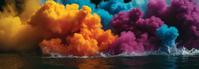 Brightly colored smoke, bomb explosion clouds on a black background. Wide banner - obrazy, fototapety, plakaty