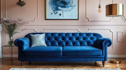 Blue sofa in a living room. Created with Ai