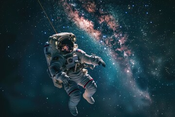 A lone astronaut, tethered to their spacecraft, floats weightlessly against the awe-inspiring backdrop of the Milky Way galaxy - obrazy, fototapety, plakaty