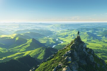 A lone hiker stands atop a mountain peak, gazing out at a breathtaking vista of rolling green hills - obrazy, fototapety, plakaty