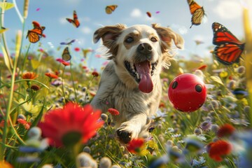 A playful dog chases a bright red ball through a field of wildflowers
