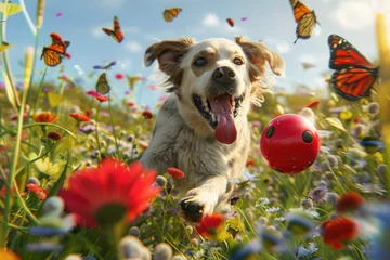 Fotobehang A playful dog chases a bright red ball through a field of wildflowers © Parkpoom