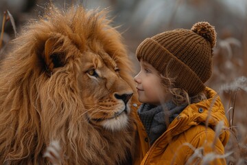 Little Girl Standing Next to Large Lion © Ilugram