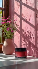 Pink Wall With Vase of Flowers