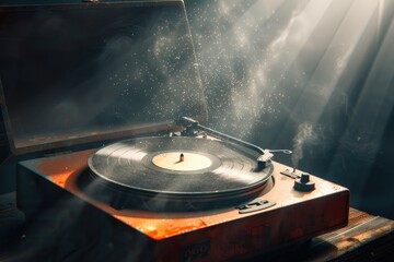 A vintage record player spins a classic vinyl album, the needle crackling softly as the music fills the air. - obrazy, fototapety, plakaty