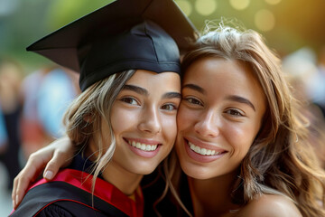 Close-Up of two Smiling Graduated female Students Embracing on Graduation Day