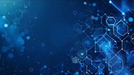 Draw a collection of hexagonal lines on a blue background. Technology-themed background consisting of hexagons and other shapes. White lines form various things.