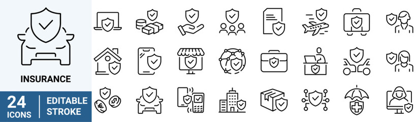 Insurance line web icons. Health care, risk, help desk. Car accident, travel insurance, flight protection icons. Security document, editable stroke