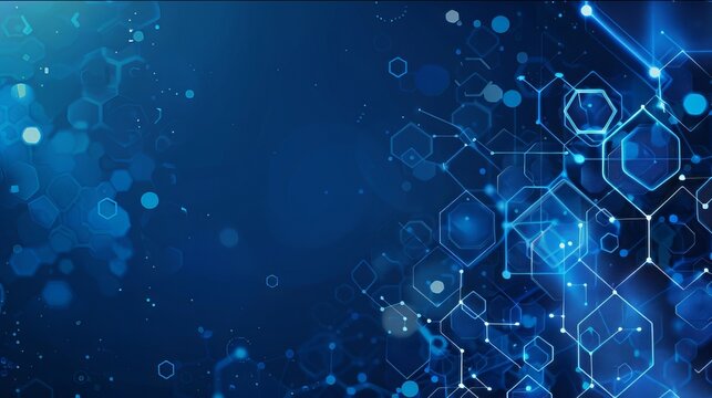 Draw a collection of hexagonal lines on a blue background. Technology-themed background consisting of hexagons and other shapes. White lines form various things.