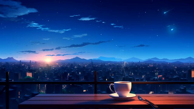 A warm cup of coffee on the roof with city view at night with shooting stars. seamless looping 4k time-lapse animation video background