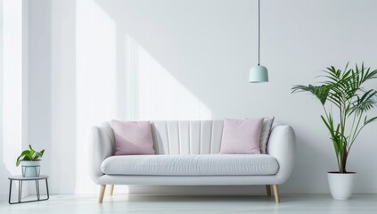 Minimalist living room with a pastel sofa and white walls, creating an elegant space for relaxation