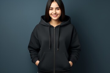 Fototapeta premium Young woman wearing stylish blank black sweatshirt on gray background. Mockup