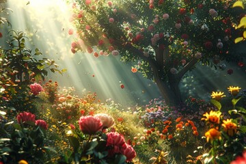 Obraz na płótnie Canvas Abundant Garden of Flowers and Trees