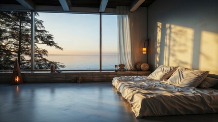 Cozy Modern Bedroom with Ocean View at Sunset - 770937793
