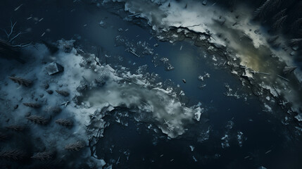 Ariel drone view of frozen frosty forest lake  landscape scene