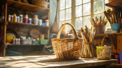 Wicker basket on a table with art supplies in the background, concept of crafts and creativity. Making an Easter basket by a craftsman - obrazy, fototapety, plakaty