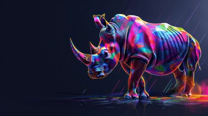 Abstract 3d colorful hologram rhino animal drawing in dark background. AI generated