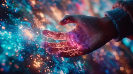 Hands of a man touching a holographic holographic screen - obrazy, fototapety, plakaty