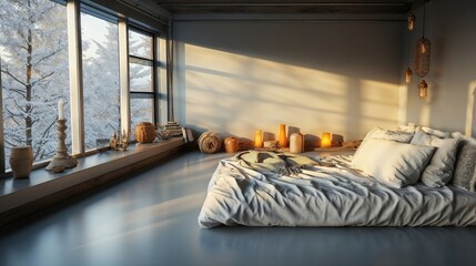 Cozy Winter Bedroom with Warm Candles and Snow View - 770938983