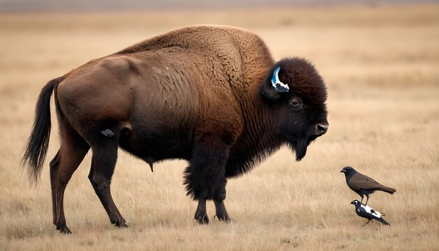 a-bison-with-a-bird-perched-on-its-back-
