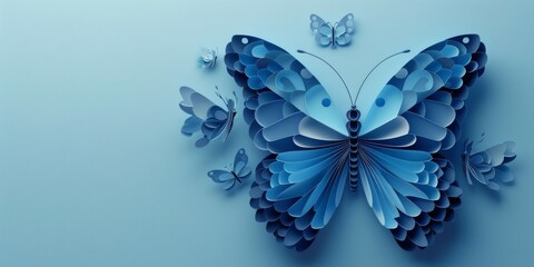 Bright blue butterfly with widely spread wings on a blue background. Paper - cut art.