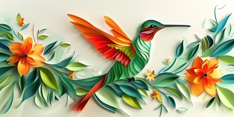 Bright hummingbird with flowers and widely spread wings. Paper - cut art.
