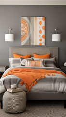 A cozy bedroom with a gray wall orange bedding and a gray and orange patterned rug