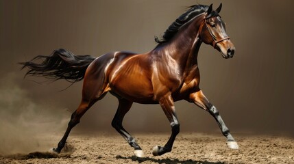 Fototapeta na wymiar Beautiful brown horse run forward in savanna. AI generated image