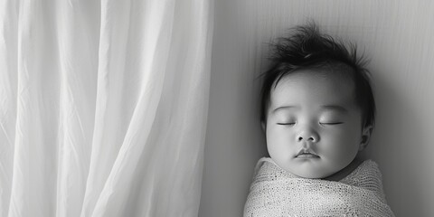 Newborn Asian baby sleeping in a white blanket. The theme of new life and continuation of the family. - obrazy, fototapety, plakaty