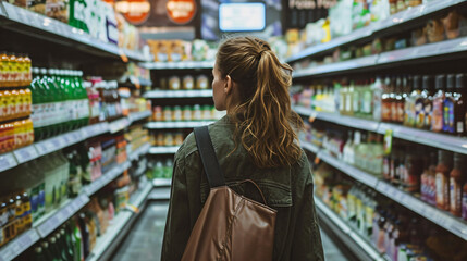 Viewed from behind, a woman navigates the aisles of the supermarket, meticulously selecting items, her posture reflecting purposeful efficiency amidst the bustling grocery environment - obrazy, fototapety, plakaty
