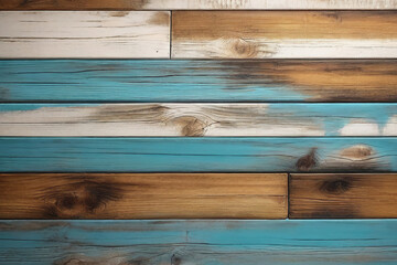 Brown and white and aqua blue old dirty wood wall wooden plank board texture background with grains and structures and scratched