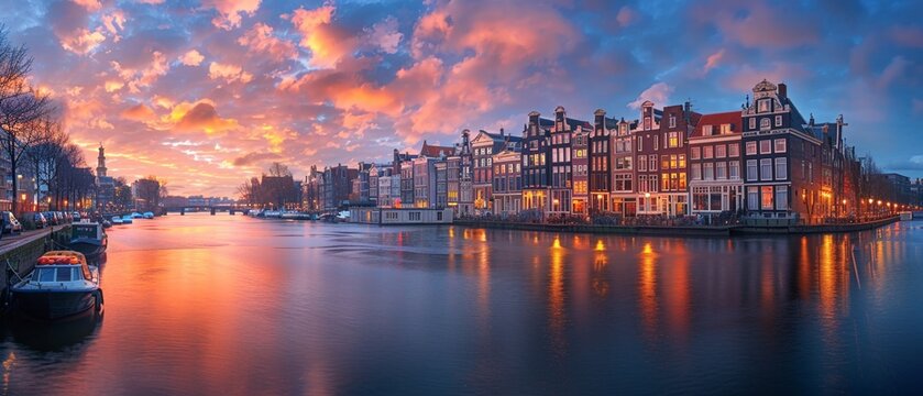 Amsterdam canals, sunset, historic houses, wide view, warm glow for a cozy background , high-resolution