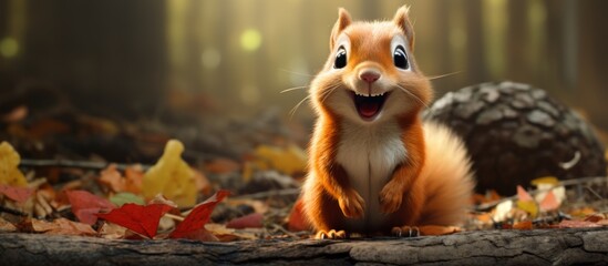 A squirrel, a terrestrial animal with whiskers and a tail, is perched on a tree branch in the woods, smiling. Nearby, a fawn grazes on the grass while a dog breed snoops around