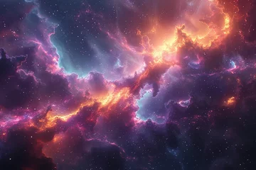 Foto op Plexiglas Aubergine A stunning cosmic landscape with swirling nebulae and distant galaxies in deep space.