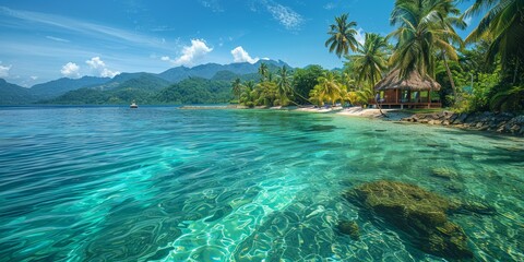 Obraz premium A serene island getaway with pristine beaches, azure waters and lush greenery.