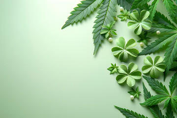 Cannabis leafs and flowers on green background, top view