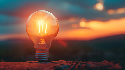 A bright idea. A lone lit edison light bulb sitting on a cliff overlooking a valley