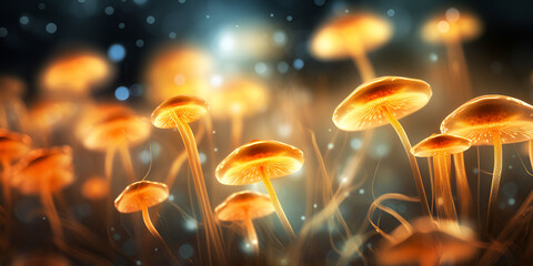 Un primer plano de setas en una habitación oscura, Mushrooms are growing on a mossy surface with sunlight shining through them  - obrazy, fototapety, plakaty