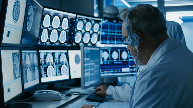 Neurological Analysis. A medical professional intently examines brain scans displayed on multiple computer monitors in a clinical setting.