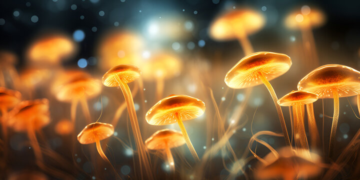 Un primer plano de setas en una habitación oscura, Mushrooms are growing on a mossy surface with sunlight shining through them 