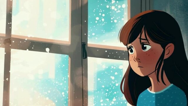 An anime girl is contemplating with a sad face near the window. for lofi background music. Seamless looping video animation.