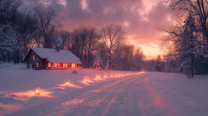 A maple syrup farm at twilight, with rows of illuminated trees casting long shadows on the snow-covered ground, and the warm glow of lanterns illuminating the sugar shack where syr