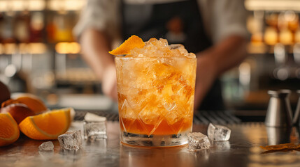 A maple syrup infused cocktail being prepared by a skilled mixologist, with maple syrup, bourbon, and fresh citrus juices shaken over ice and served in a chilled glass garnished wi - obrazy, fototapety, plakaty