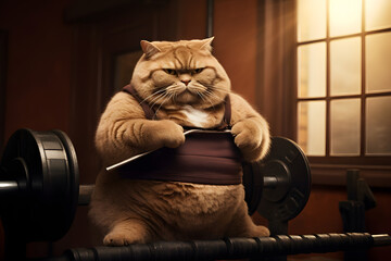 Motivated overweight cat pumping iron to slim down and embrace a fitter, more active lifestyle  Generative AI, - obrazy, fototapety, plakaty