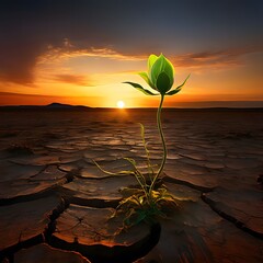 A vibrant green seedling boldly sprouting from the cracked, arid desert floor. The low-angle shot accentuates the glowing warmth of the setting sun, bathing the hardy plant's leaves in golden hues
